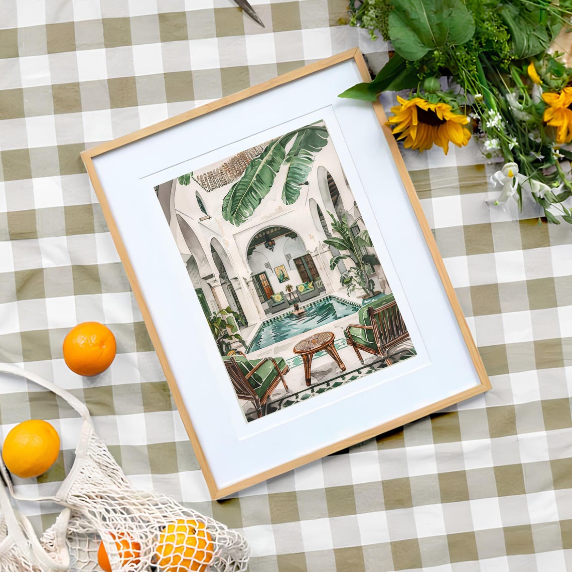 Morocco Riad Courtyard Pool Watercolor Tropical Oasis Art Poster - Image 3
