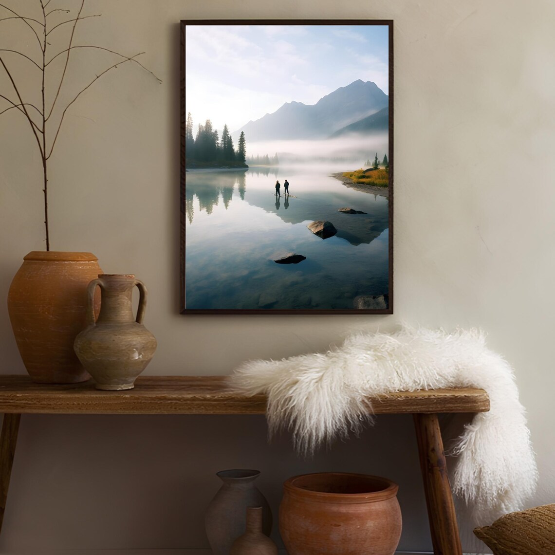 Misty Mountain Lake Fishermen Sunrise Nature Photography Poster - Image 3