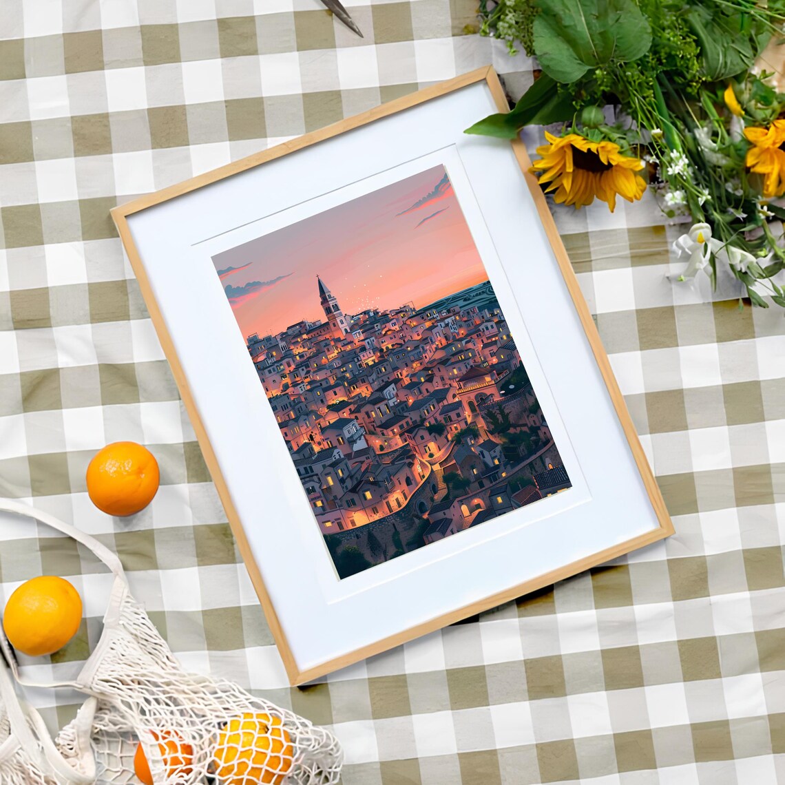 Matera Italy Sunset Glow Hilltop Old Town Skyline Illustration Poster - Image 3