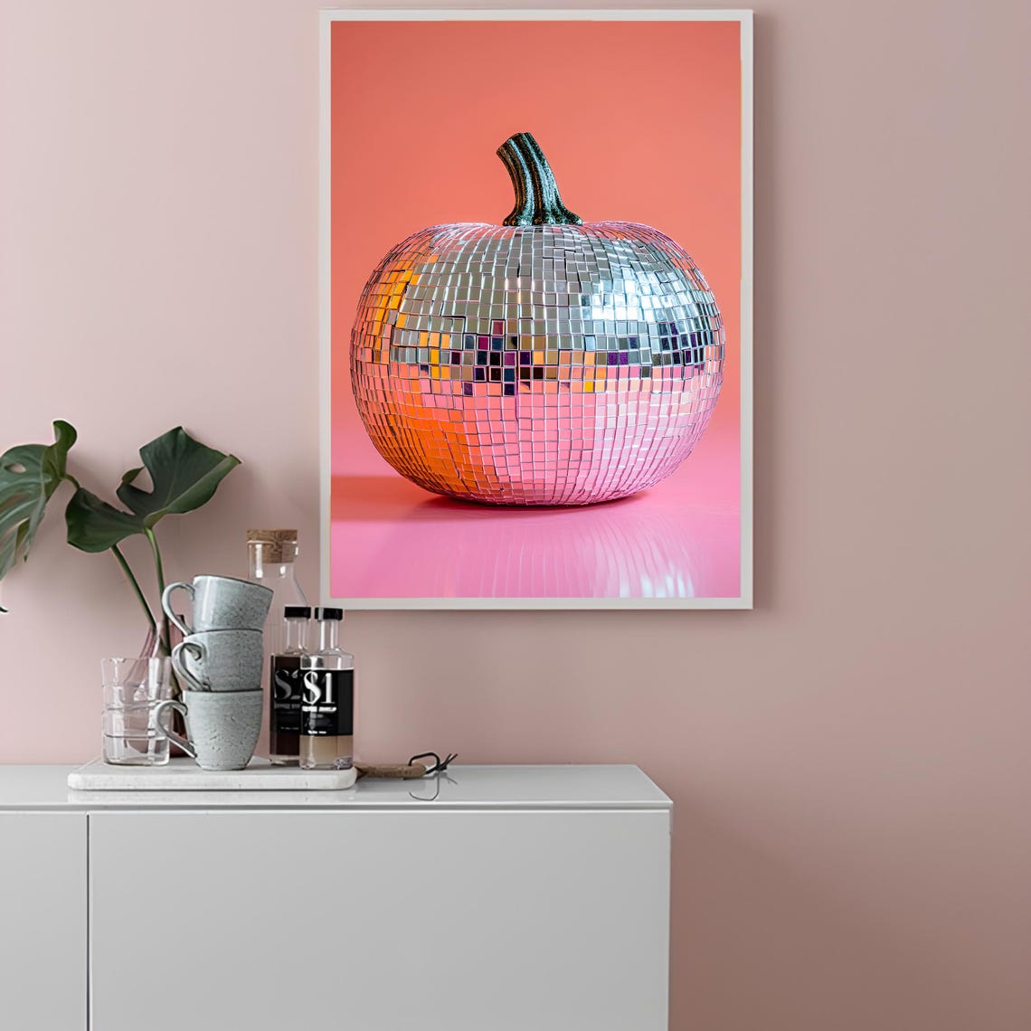 Silver Disco Ball Pumpkin Pink Fall Autumn Eclectic Wall Art - Image 2
