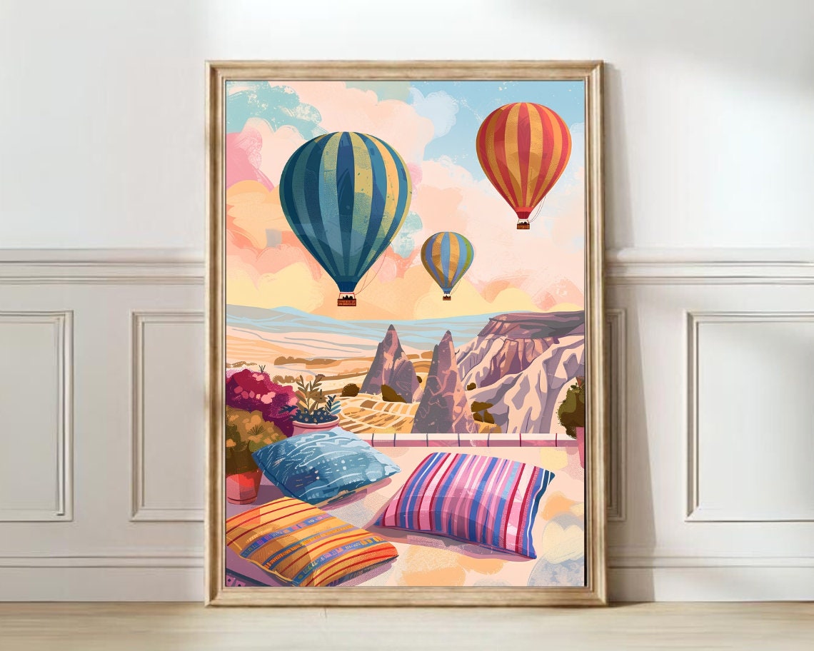 Cappadocia Turkey Hot Air Balloons Over Valley Terrace View Poster