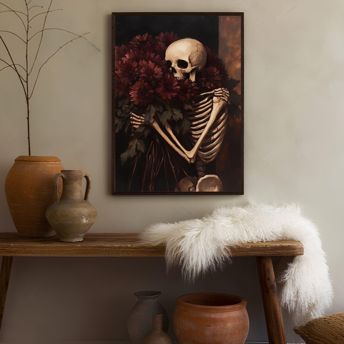 Skeleton Embracing Crimson Chrysanthemums Gothic Floral Halloween Poster - Image 3