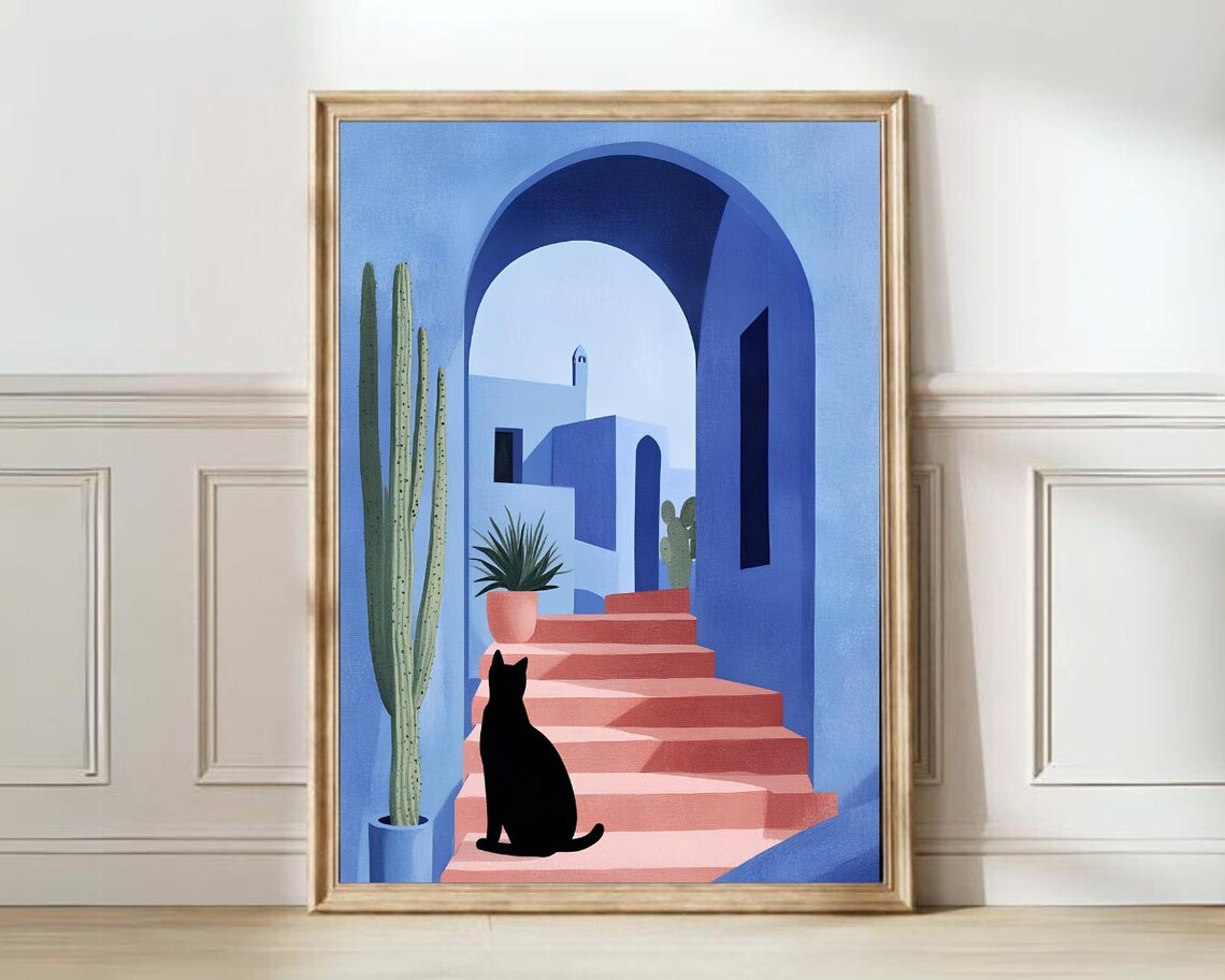 Black Cat On Moroccan Stairs Blue Arch Matisse Style Art Poster