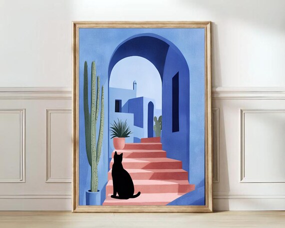 Black Cat On Moroccan Stairs Blue Arch Matisse Style Art Poster