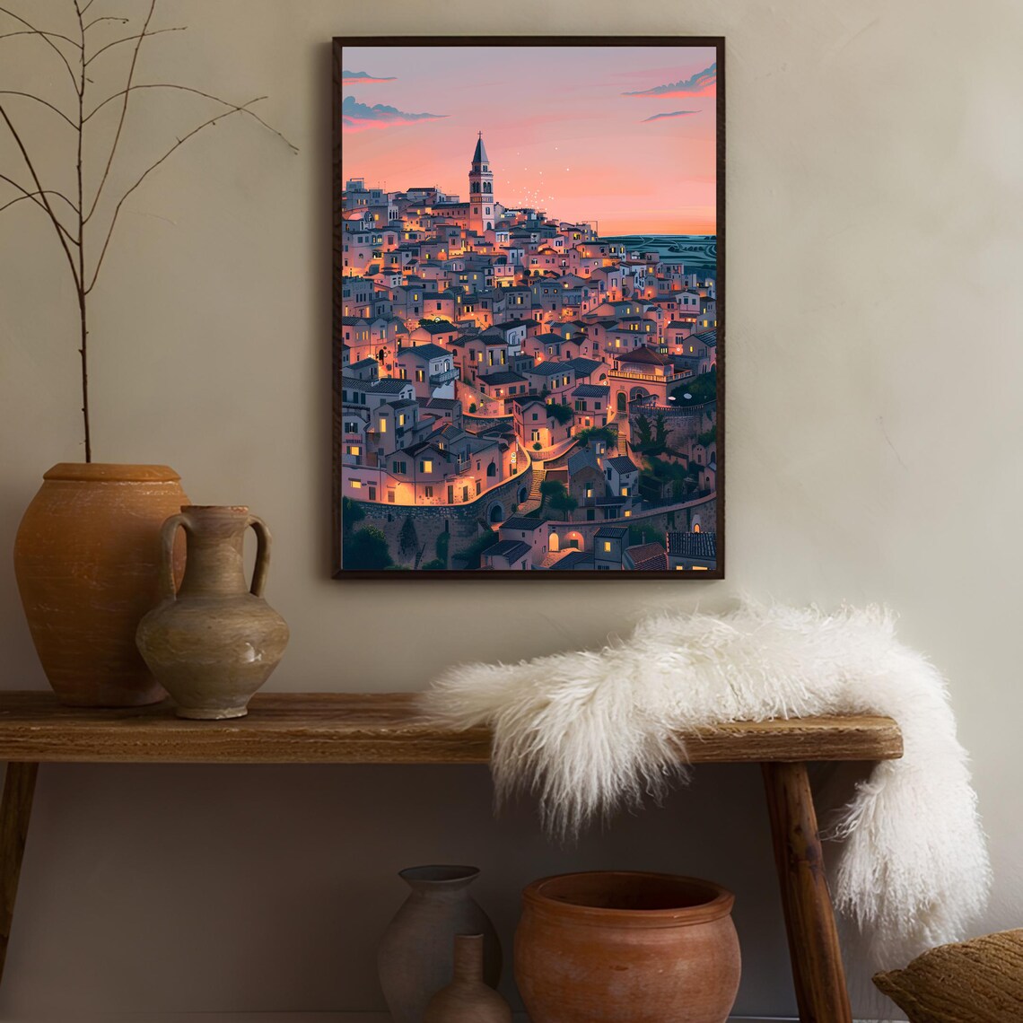 Matera Italy Sunset Glow Hilltop Old Town Skyline Illustration Poster - Image 2