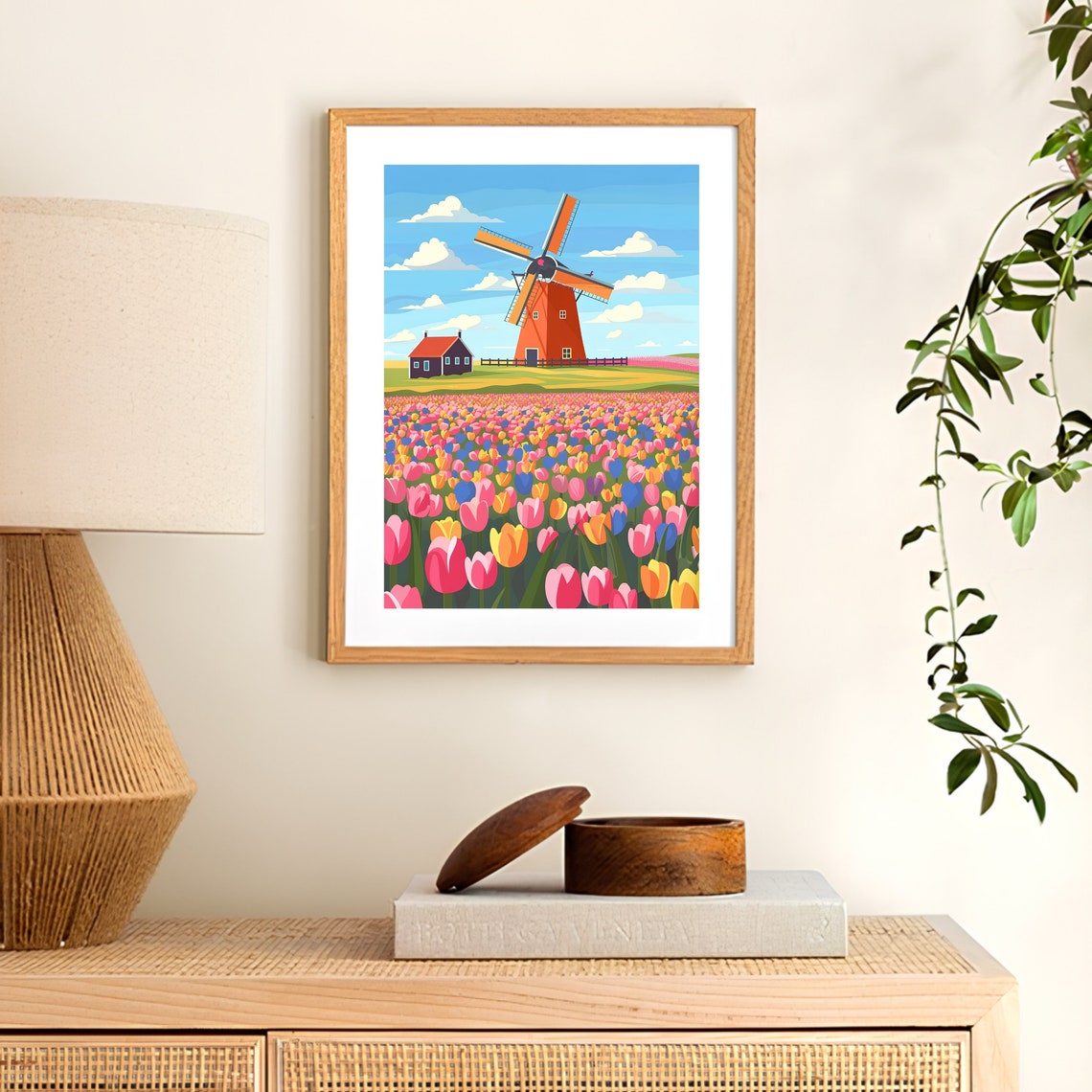 Netherlands Tulip Field with Red Windmill Springtime Scene Poster - Image 2
