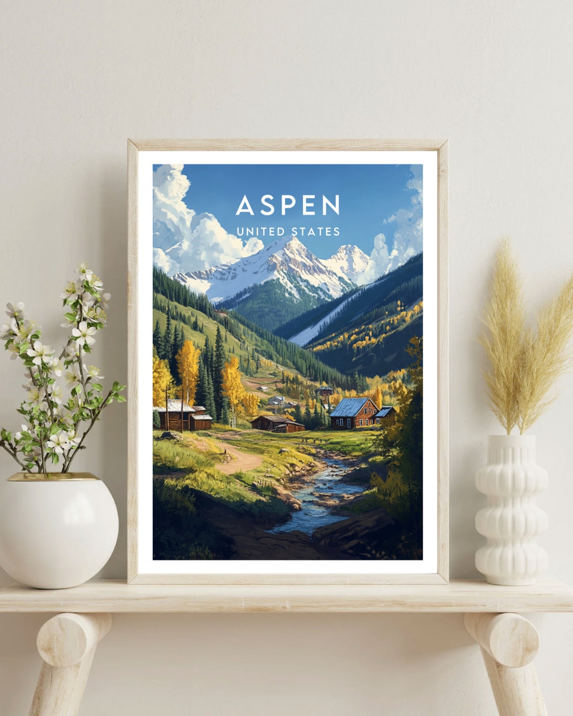 Aspen Colorado Mountain Valley Cabin Stream Autumn Travel Poster - Image 4