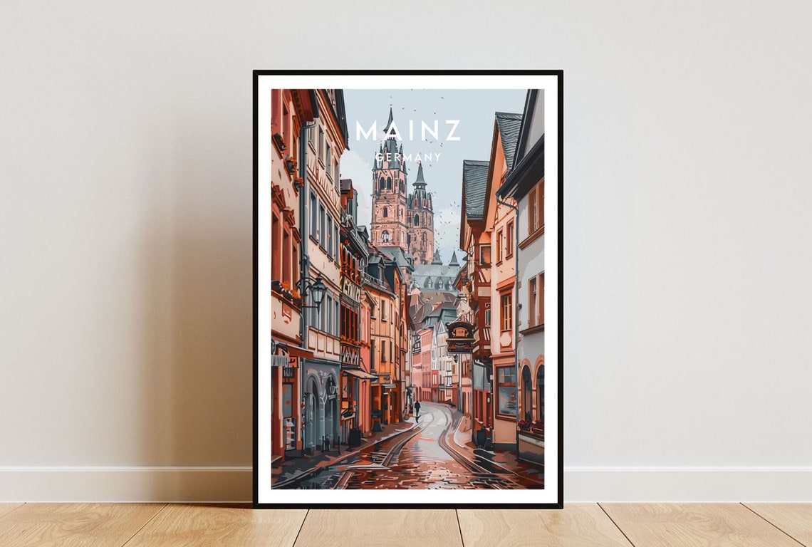 Mainz Germany Cathedral Rainy Old Town Street Vintage Poster