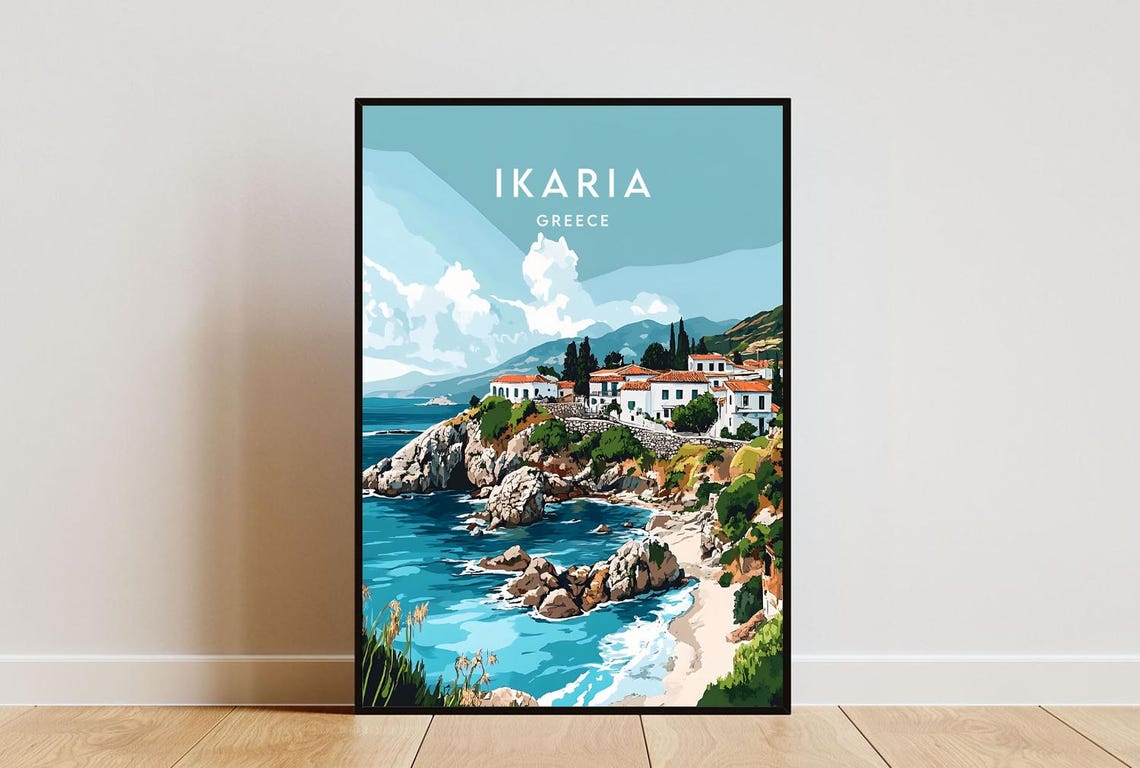 Ikaria Greece Seaside Whitewashed Village Rocky Coast Travel Poster