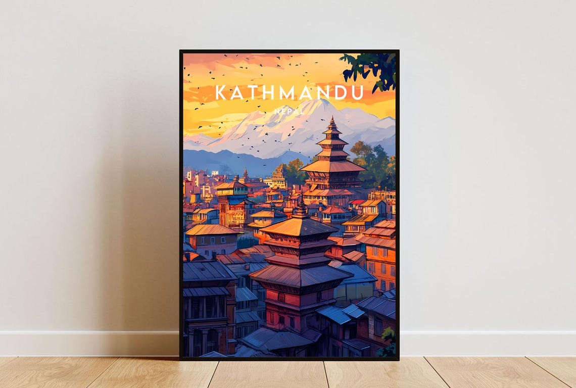 Kathmandu Nepal Pagoda Temples Himalayan Sunset Travel Poster
