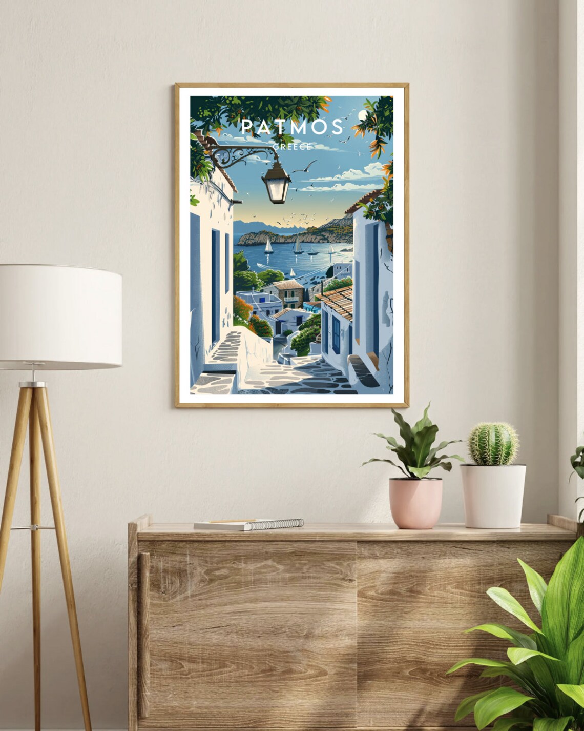 Patmos Greece Whitewashed Alley Harbor Sailboat Sunset Travel Poster - Image 3