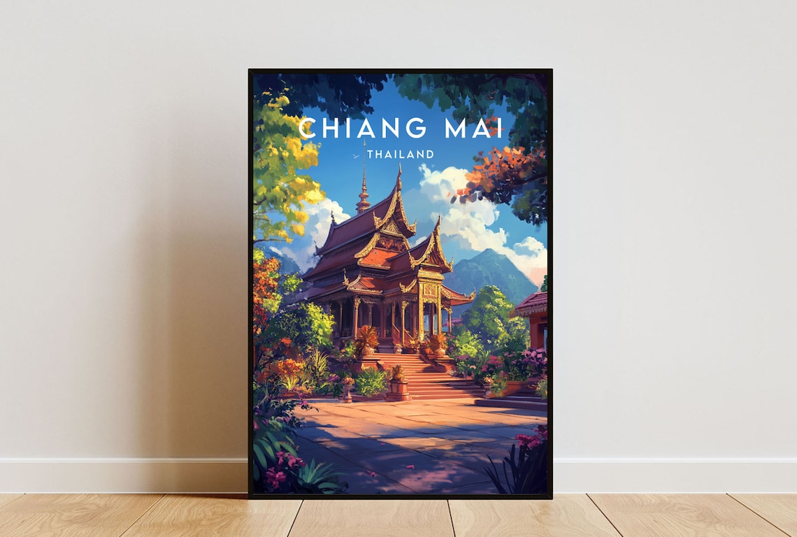 Chiang Mai Thailand Golden Temple Northern Mountains Travel Poster