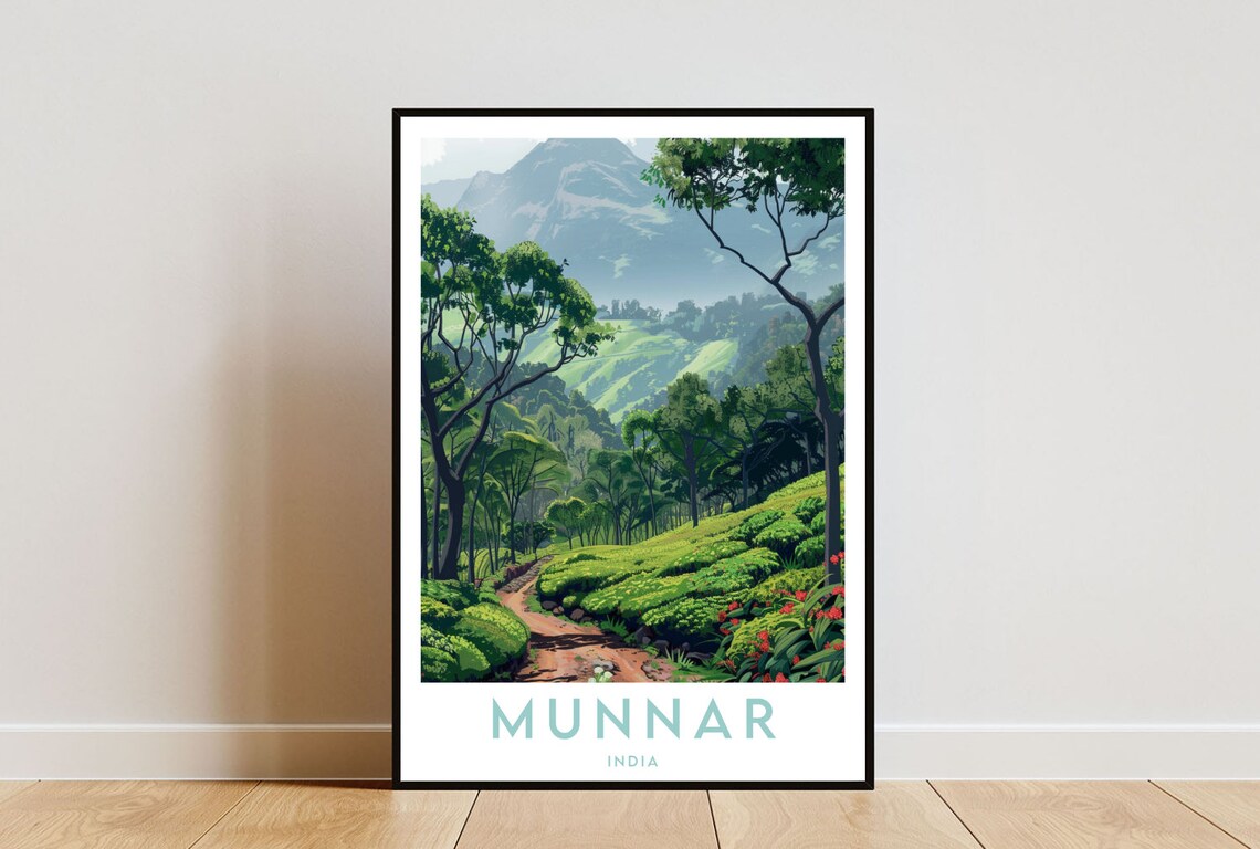 Munnar India Tea Gardens Misty Mountains Trail Travel Poster
