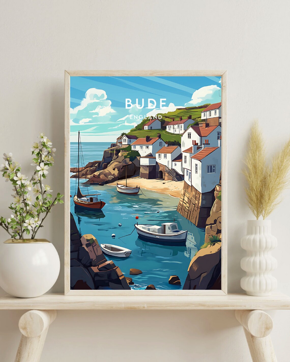Bude England Harbor Village Boats and Cottages Travel Poster - Image 4