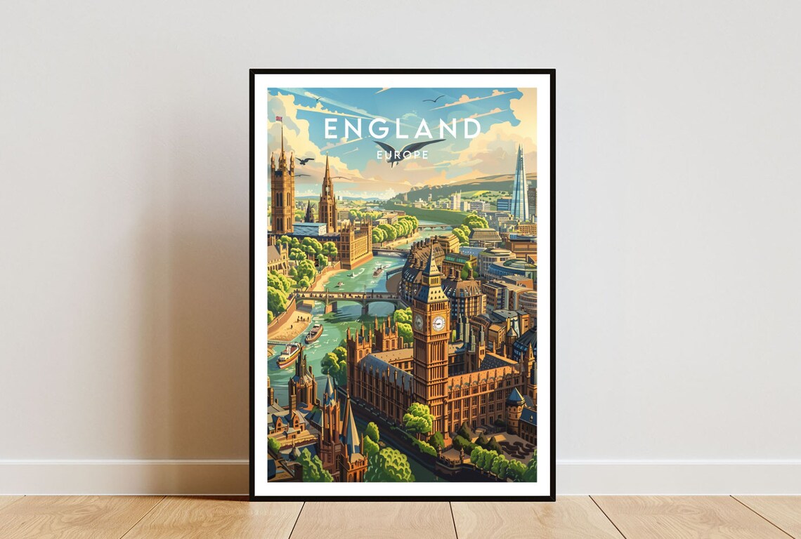 England London Big Ben Parliament Thames Skyline Vintage Travel Poster