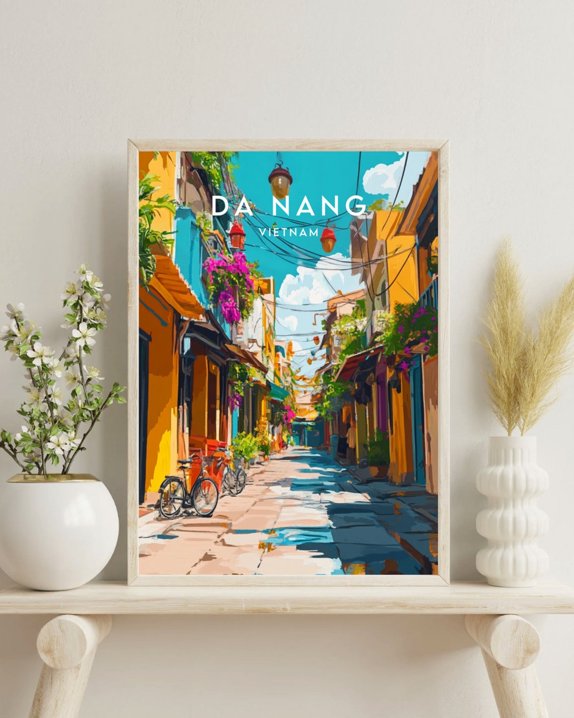 Da Nang Vietnam Lantern Lit Old Street Bicycles Vintage Travel Poster - Image 4