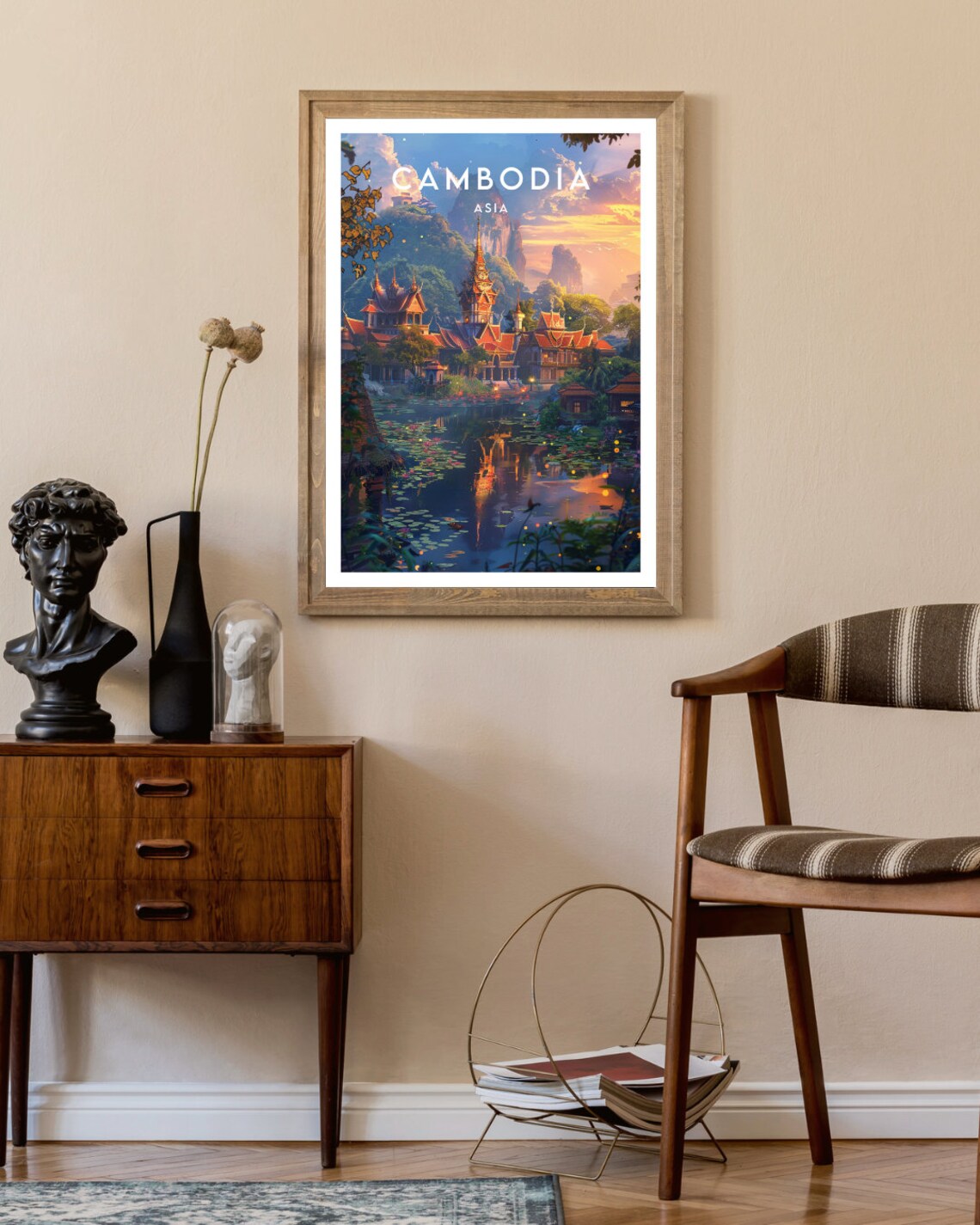 Cambodia Asia Golden Temple by Lotus Pond at Sunset Art Poster - Image 2