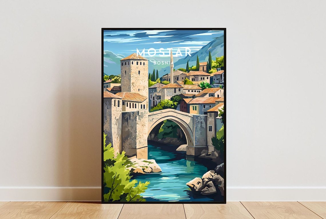 Mostar Bosnia Old Stone Bridge River Vintage Travel Art Poster