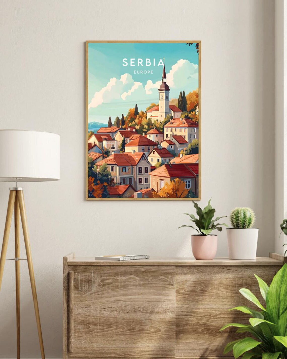 Serbia Europe Red Roof Town Church Tower Autumn Travel Poster - Image 3