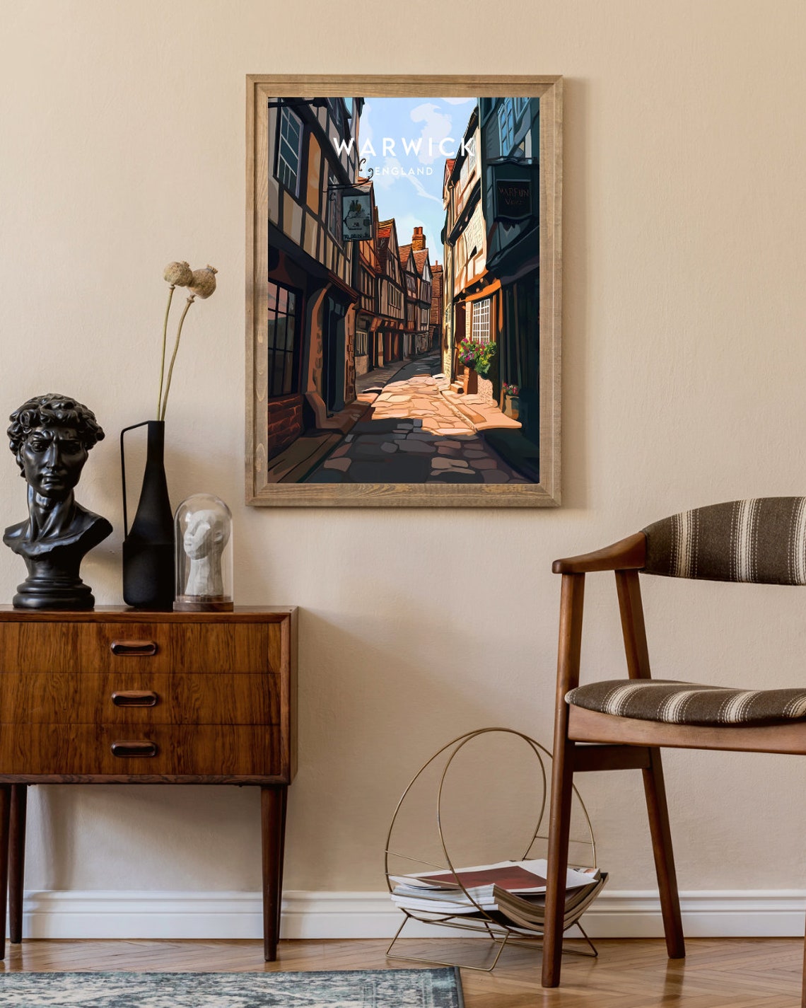 Warwick England Timber Framed Street Vintage Travel Art Poster - Image 2