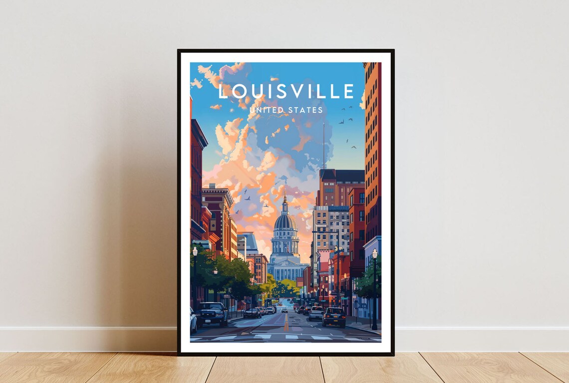 Louisville United States Sunset Street Domed Landmark Travel Poster