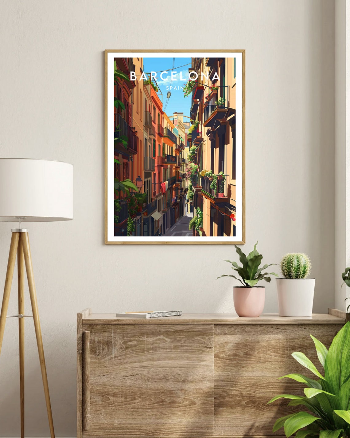 Barcelona Spain Colorful Old Street with Balconies Art Poster - Image 3