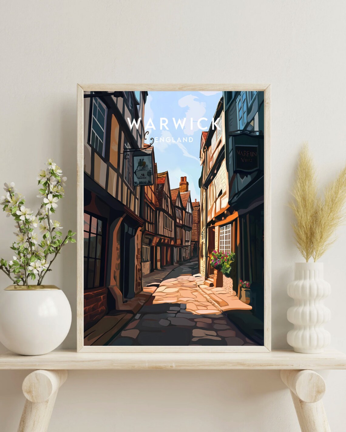 Warwick England Timber Framed Street Vintage Travel Art Poster - Image 4