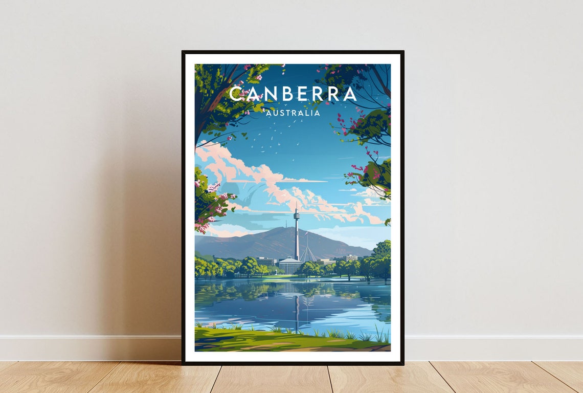 Canberra Australia Lake Tower Mountain View Vintage Travel Poster