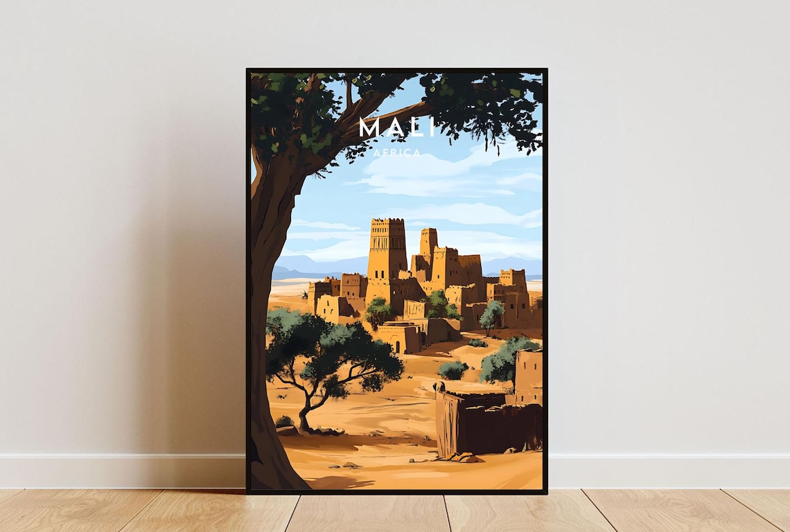 Mali Africa Mud Brick Desert Village Golden Savanna Travel Poster