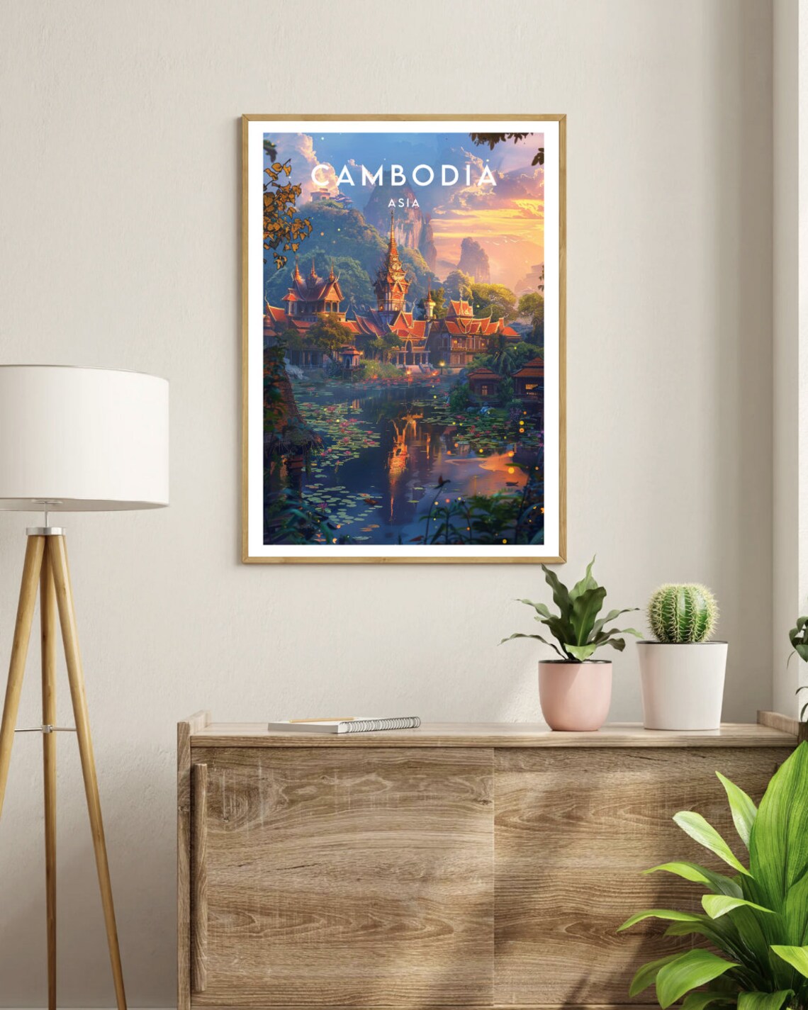 Cambodia Asia Golden Temple by Lotus Pond at Sunset Art Poster - Image 3