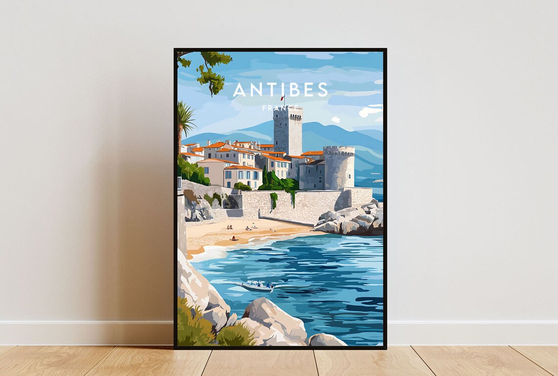 Antibes France Sandy Beach Stone Fort Tower Riviera Travel Poster
