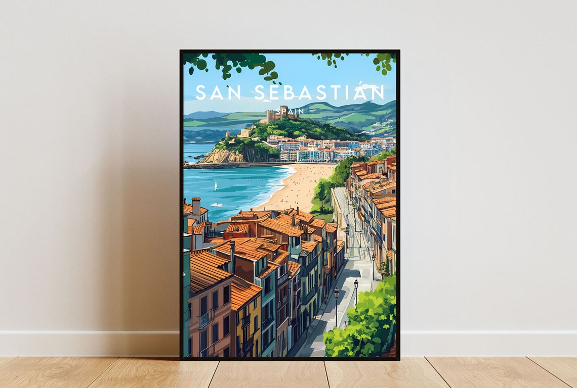 San Sebastian Spain Coastal Beach Bay Old Town Travel Poster