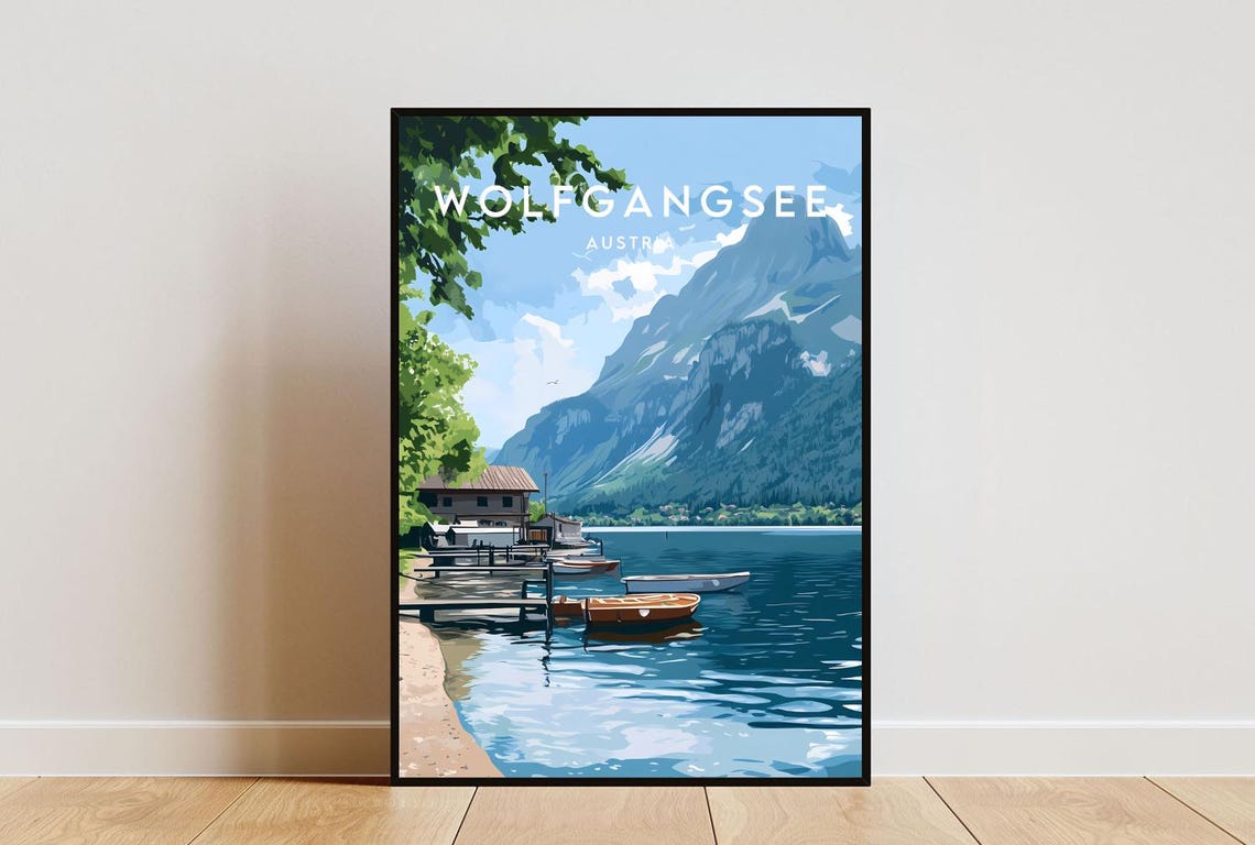 Wolfgangsee Austria Lake Boats and Mountain View Travel Poster