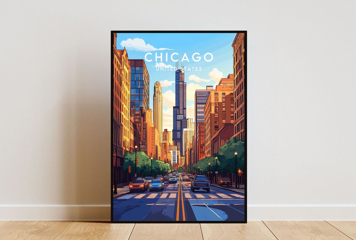 Chicago Illinois Downtown Skyline Street Golden Hour Travel Poster