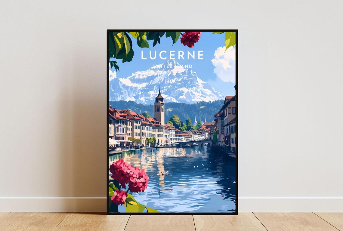 Lucerne Switzerland Riverside Old Town and Alps Travel Poster