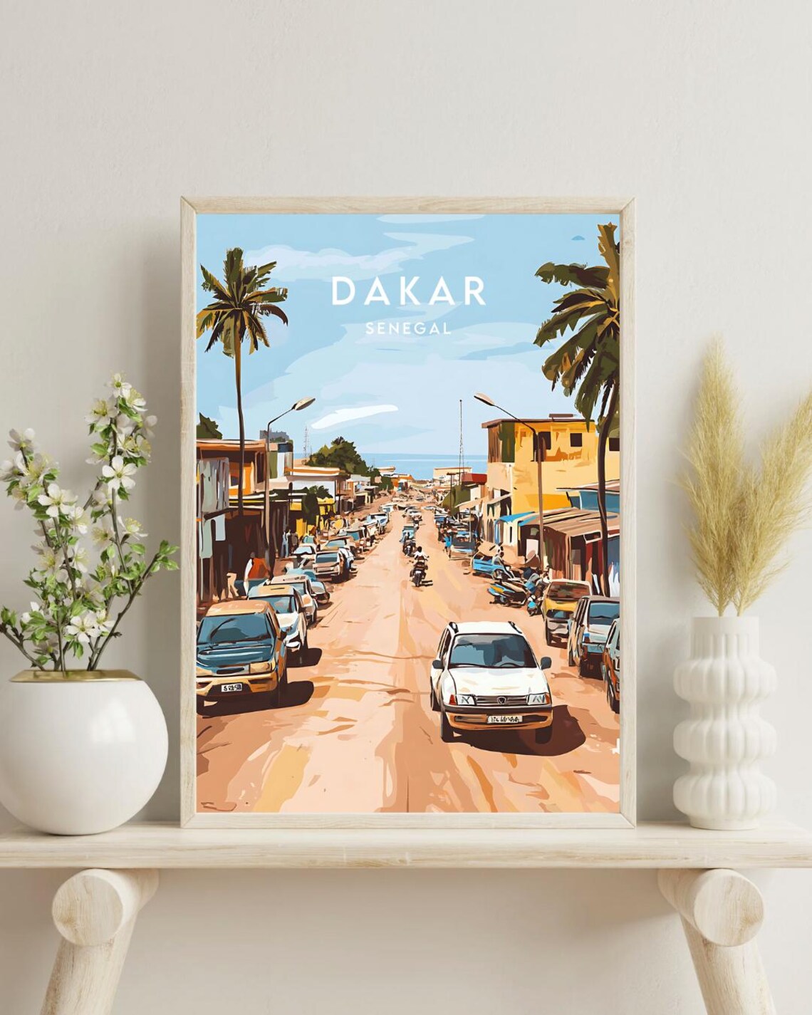 Dakar Senegal Bustling Street Scene Cars Palms Seaside Travel Poster - Image 4
