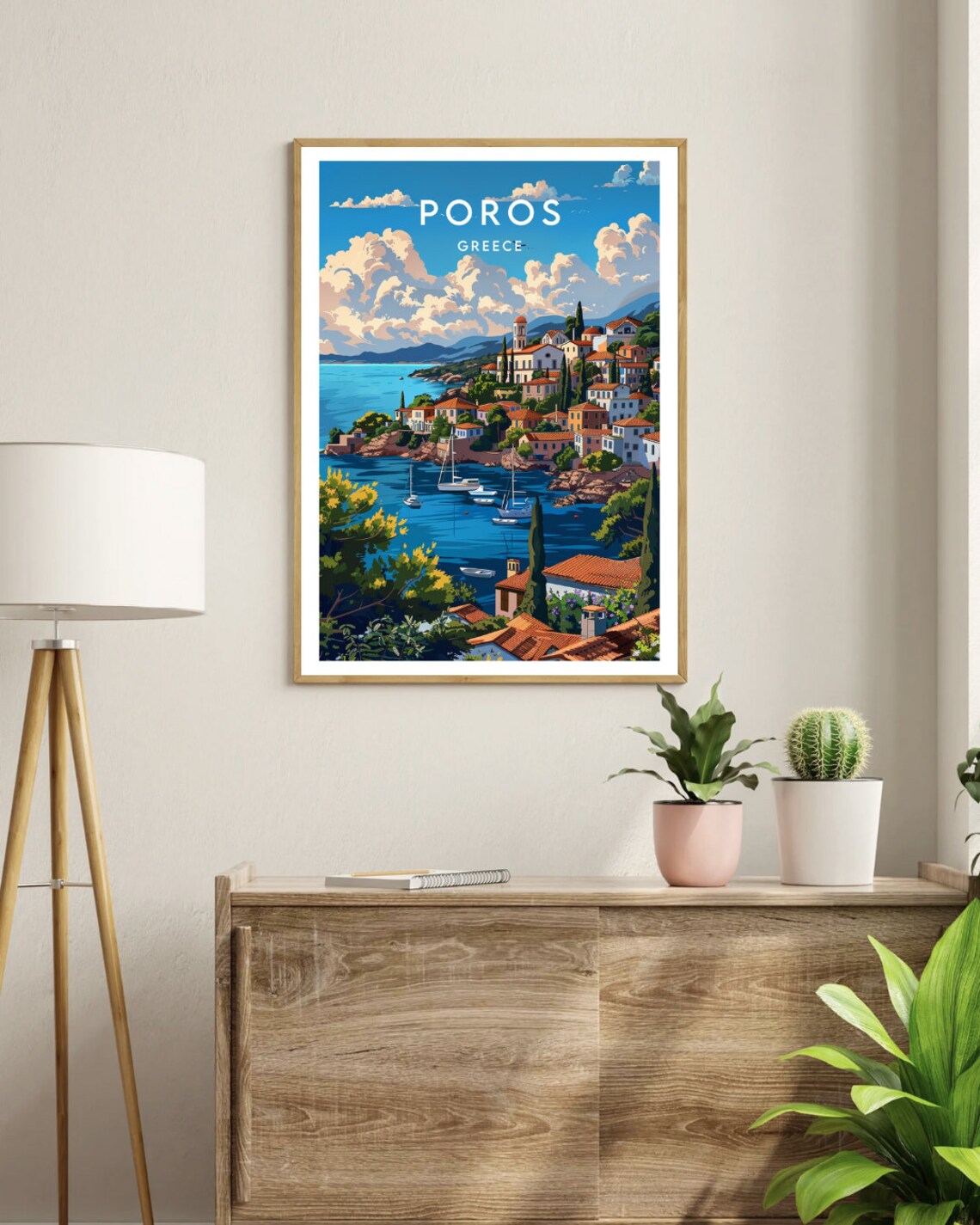 Poros Greece Harbor Sailboats Hill Town Vintage Travel Poster - Image 3