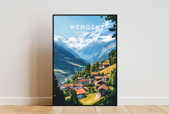 Wengen Switzerland Alpine Village Beneath Snowy Peaks Travel Poster