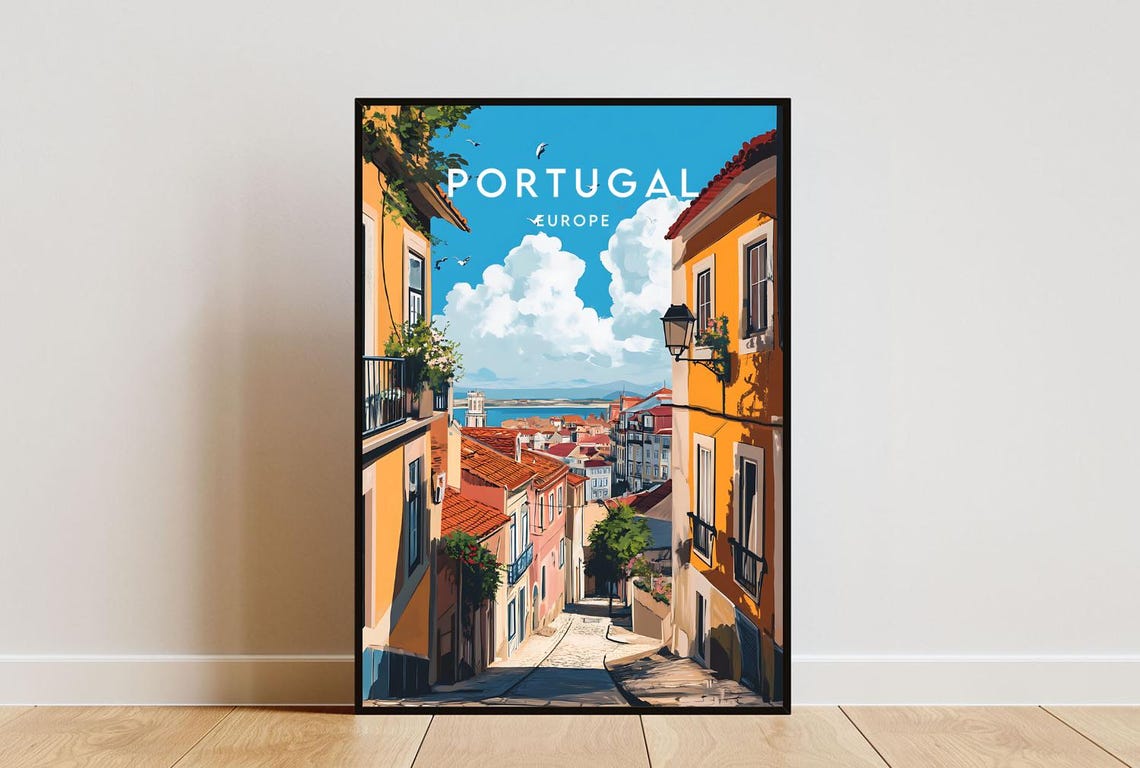 Portugal Europe Sunlit Street Yellow Buildings Harbor Travel Poster
