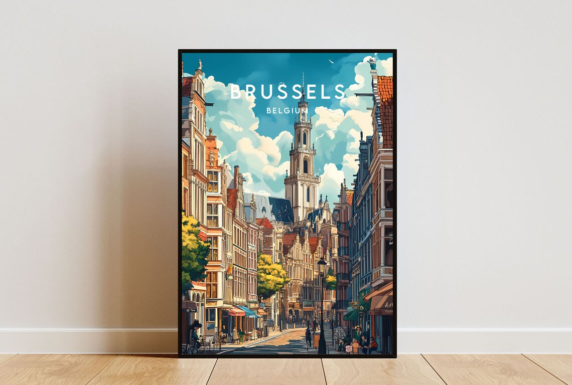 Brussels Belgium Historic Street Church Tower Travel Art Poster