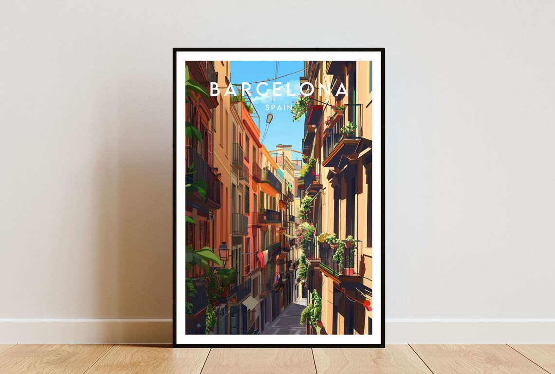 Barcelona Spain Colorful Old Street with Balconies Art Poster
