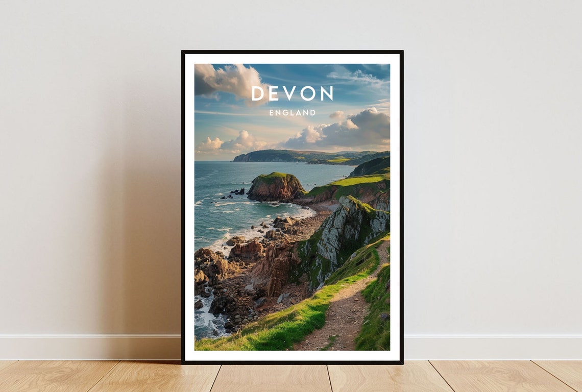 Devon England Rugged Coastal Cliff Path and Rocky Shore Art Poster