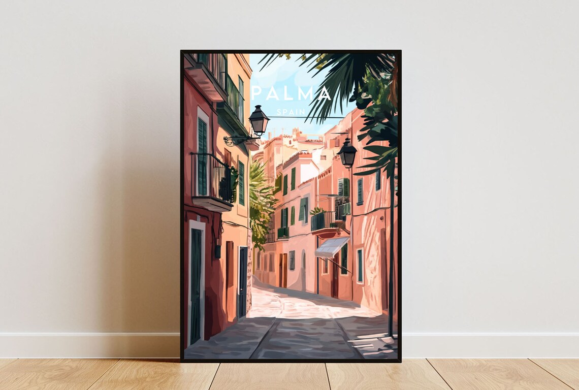 Palma Spain Sunlit Old Town Street Vintage Travel Illustration Poster