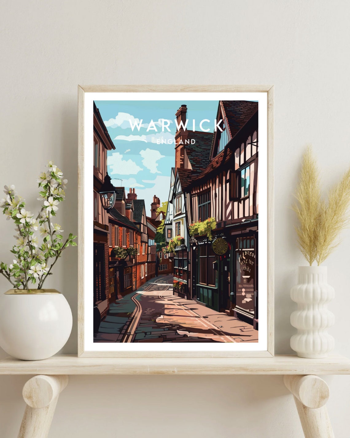 Warwick England Tudor Half Timbered Old Street Travel Poster - Image 4