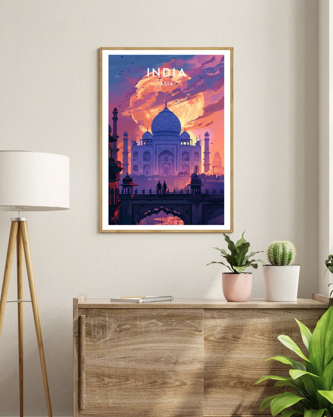 Majestic India Asia Taj Mahal Under a Golden Moon Vintage Art Poster - Image 3