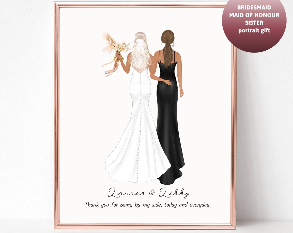 Bride and Bridesmaid Black Gown Wedding Day Custom Portrait Poster