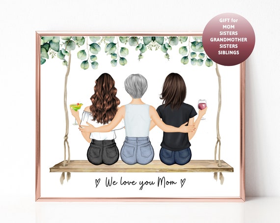 Mother and Two Daughters We Love You Mom Garden Swing Portrait Poster Gift