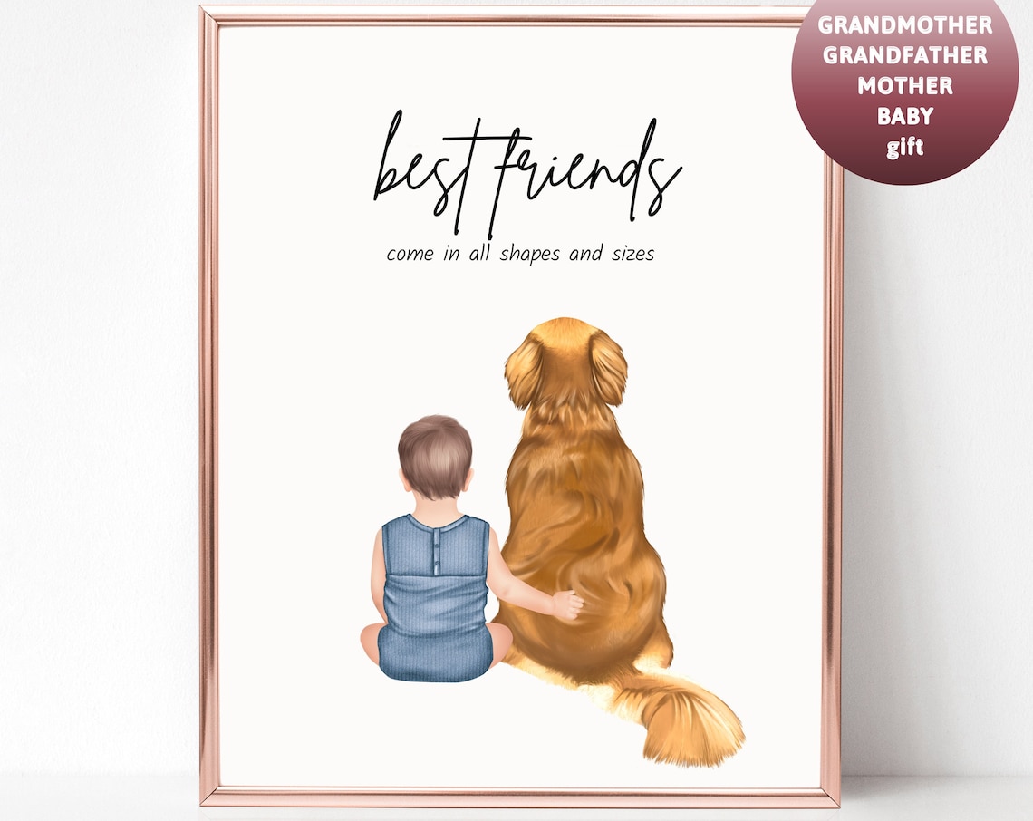 Toddler Boy and Golden Retriever Dog Best Friends Nursery Wall Poster