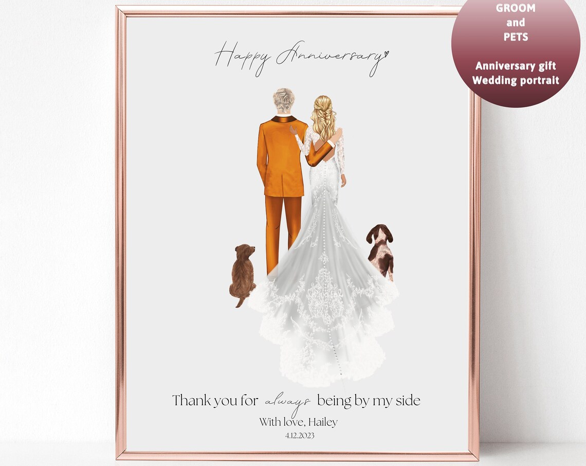 Couple With Two Dogs Happy Anniversary Wedding Portrait Poster