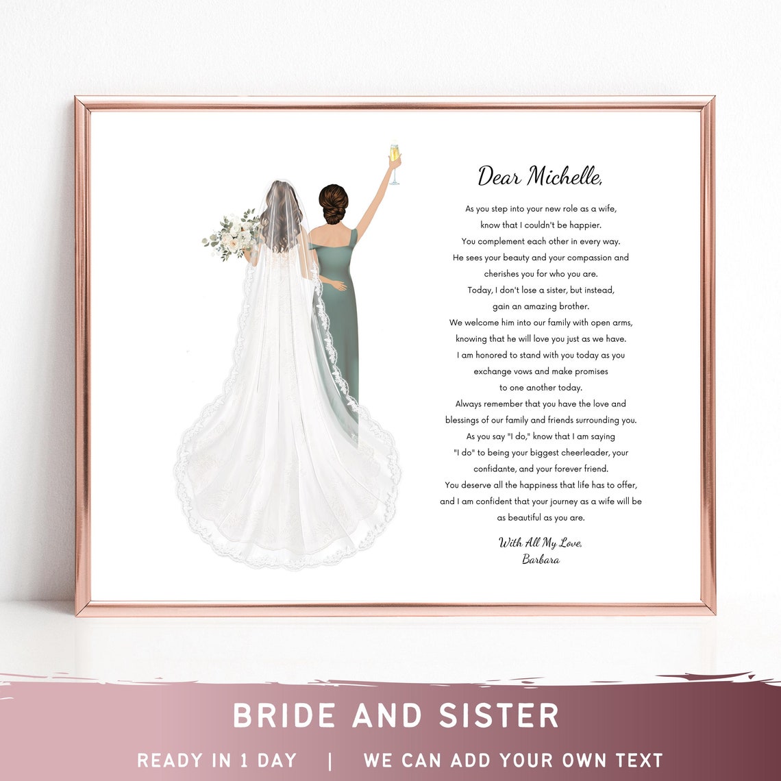 Bride And Maid Of Honor Dear Michelle Champagne Toast Poem Poster